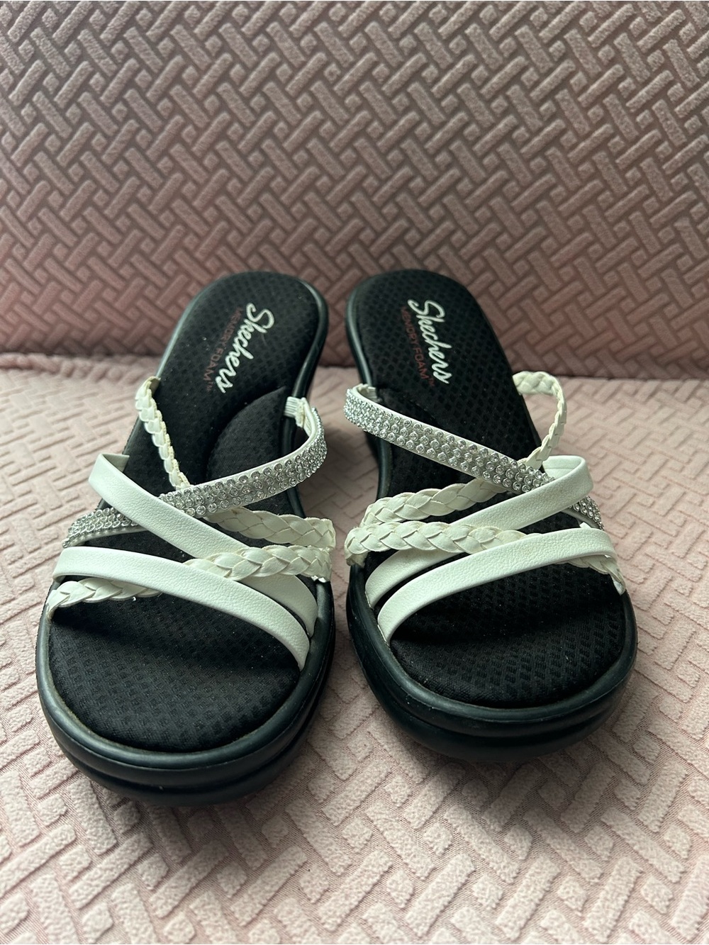 Skechers Women's White Braided & Crystal Strap Slide Sandals with Black Footbed